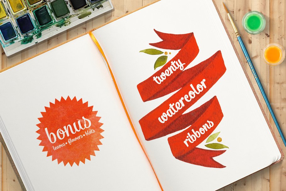 20款手绘水彩花卉丝带剪贴画 20 watercolor ribbons插图