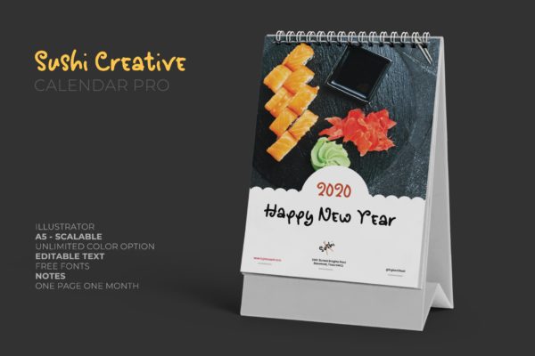 寿司日式料理店定制设计2020年日历表设计模板 2020 Sushi Asian Resto Creative Calendar Pro