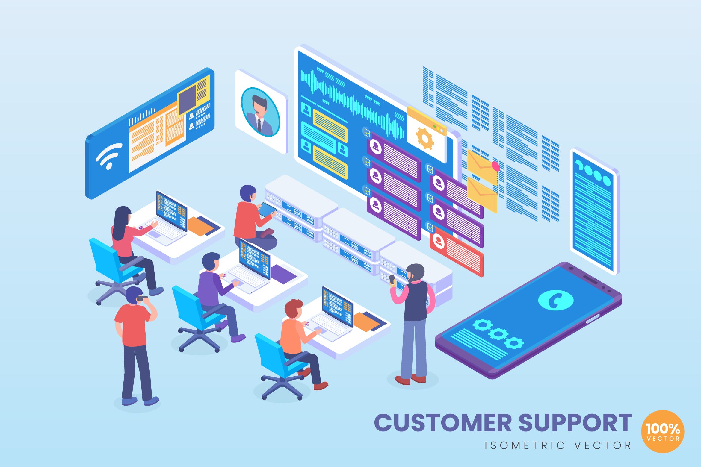 客户支持主题等距矢量概念插画素材 Isometric Customer Support Vector Concept插图