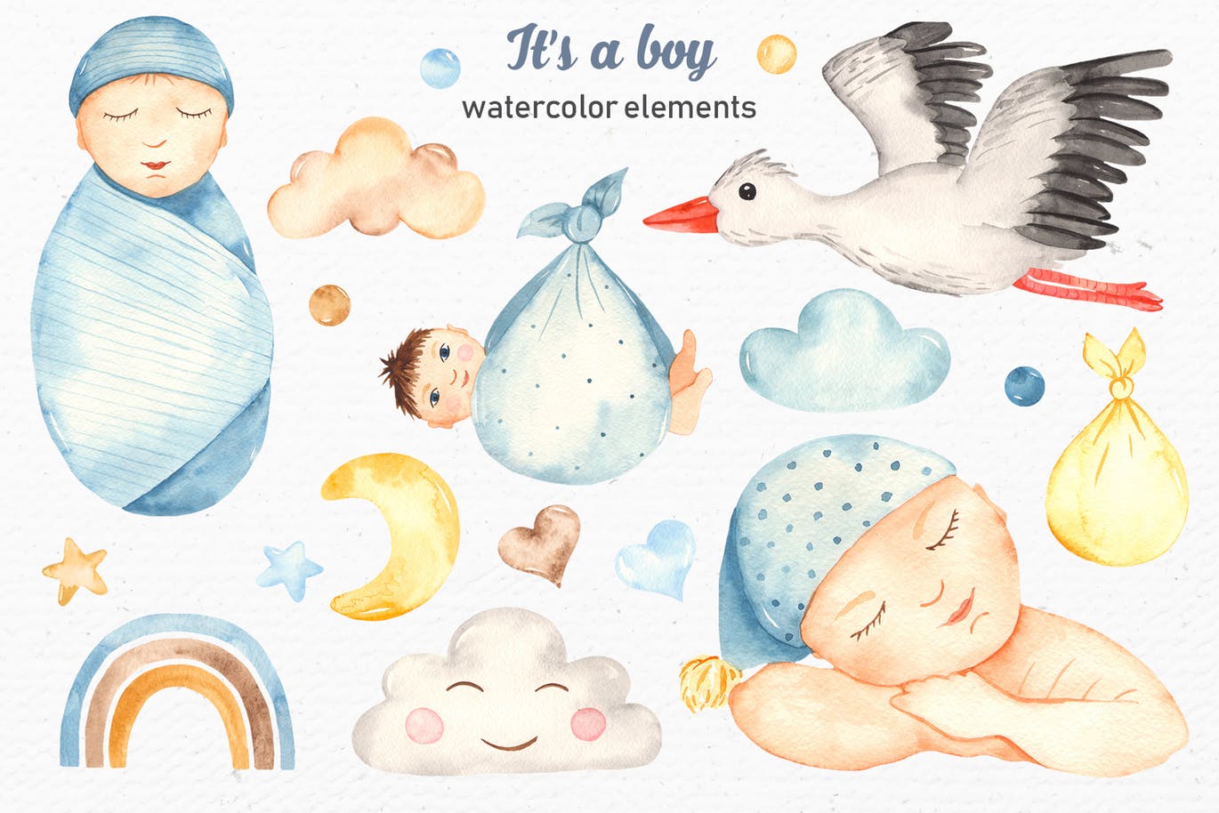 男新生儿婴儿水彩手绘矢量剪贴画/卡片/无缝图案背景素材 It’s a boy watercolor clipart, cards, patterns插图(1)