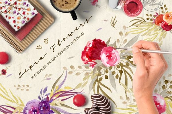 手工彩绘乌贼花剪贴画素材 Sepia Flowers