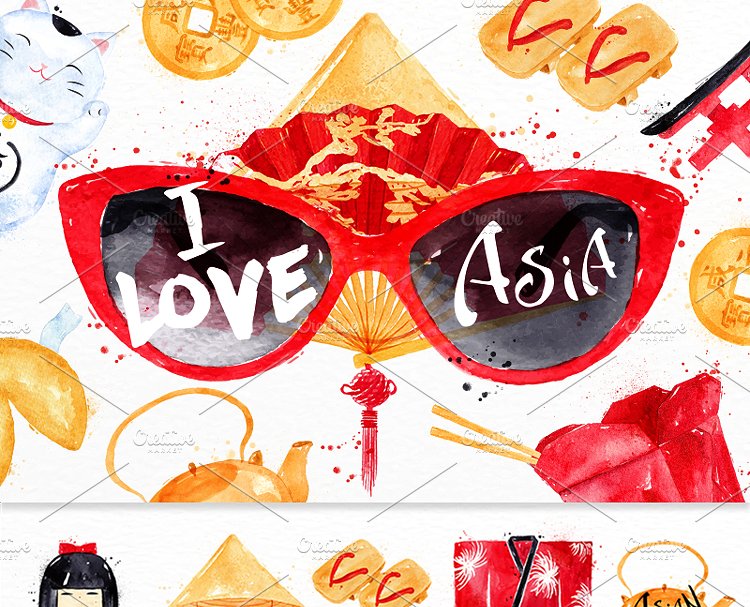 中国水彩传统符号 Asia Set插图
