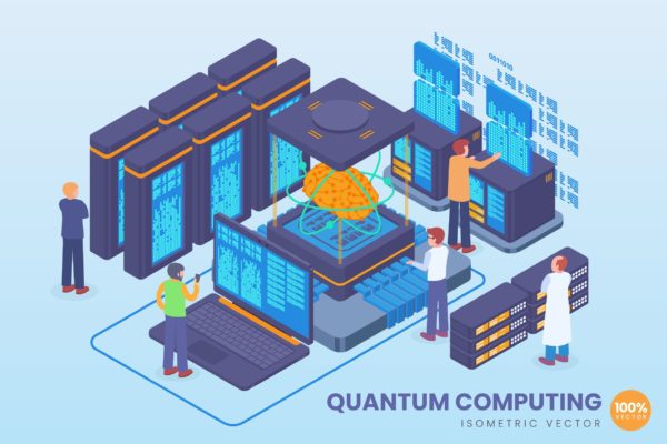 量子计算技术等距矢量科技素材库精选概念插画 Isometric Quantum Computing Vector Concept