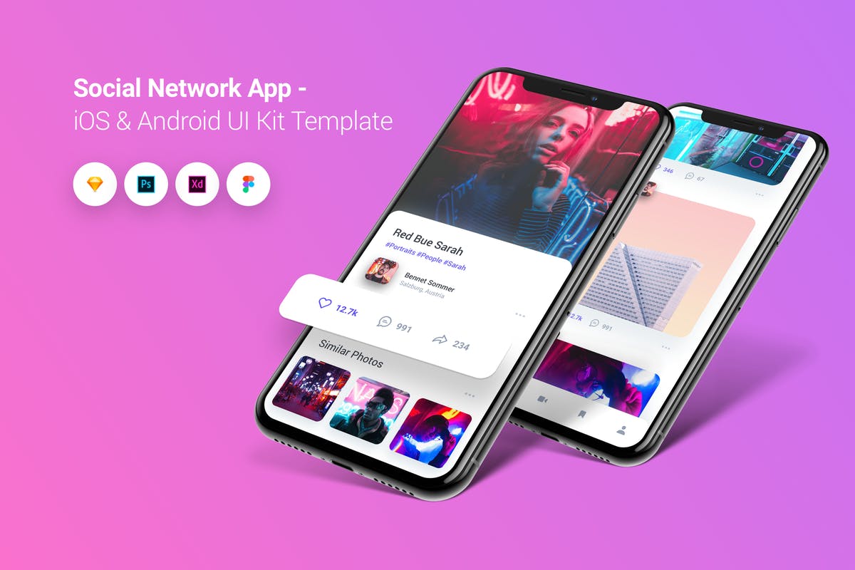 社交媒体网上交友APP应用UI套件 Social Network App iOS & Android UI Kit Template插图