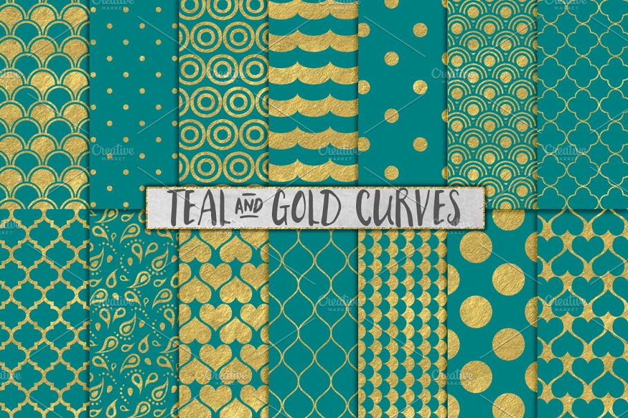 日式金箔波浪海洋主题背景纹理 Teal and Gold Foil Backgrounds插图