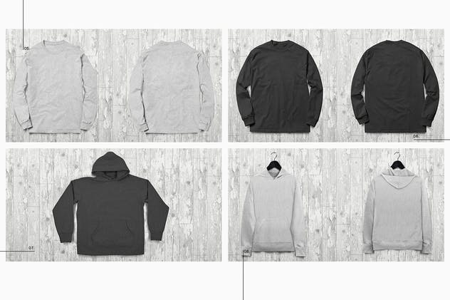 时尚黑白连帽衫T恤系列服装样机 Zip Up Hoodie Tee Collection Mockup插图(3)
