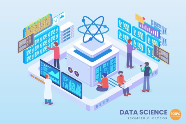 数据科学等距矢量素材库精选概念插画v1 Isometric Data Science Vector Concept