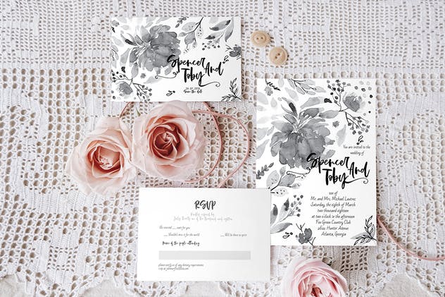 手绘花卉图案婚礼邀请函设计模板 Handpainted Wedding Invitation Suite插图(2)