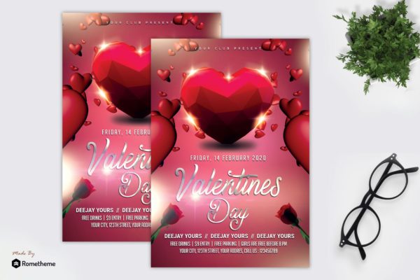 多截面立体心形情人节主题海报传单素材库精选PSD模板 Valentine – Flyer MR