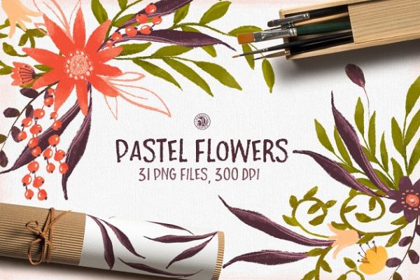 手绘花卉水粉画插画 Pastel Flowers