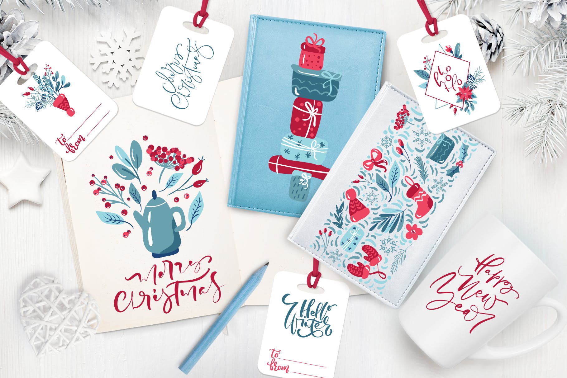 圣诞节主题元素水彩手绘设计素材 Christmas floral holiday elements插图(1)