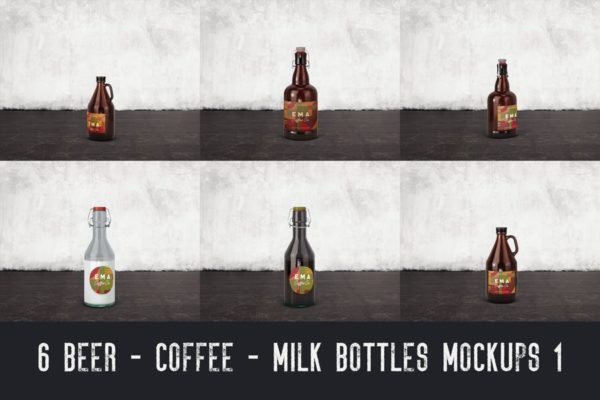 6个啤酒/咖啡/牛奶瓶外观设计素材库精选v1 6 Beer Coffee Milk Bottles Mockups 1