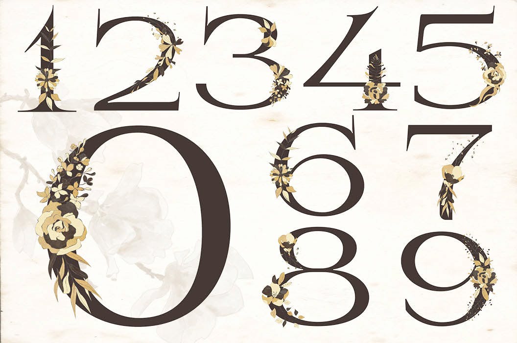 东方特色黑金配色风格字母&花卉手绘剪贴画素材库精选PNG素材 Black and Gold Eastern Design Set插图(13)