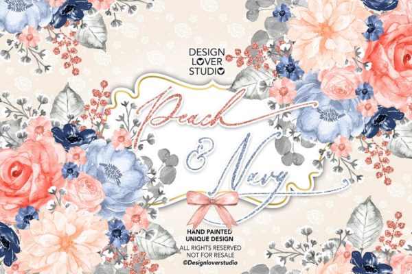 桃红色&amp;海军蓝水彩剪贴画设计素材 Watercolor Peach and Navy design