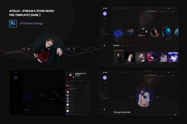 流媒体在线音乐网站UI设计PSD模板 Stream &amp; Store Music PSD Template ( Dark version )