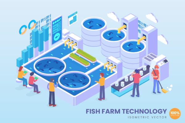 现代化养鱼技术等距矢量素材库精选概念插画素材 Isometric Fish Farm Technology Vector Concept