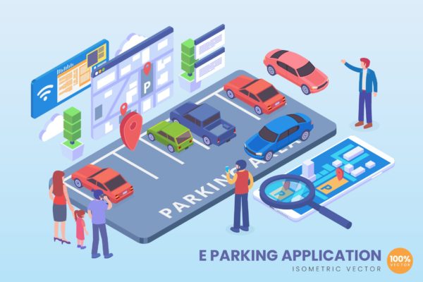 创新停车应用等距矢量素材库精选科技概念插画 Isometric E Parking Application Vector Concept