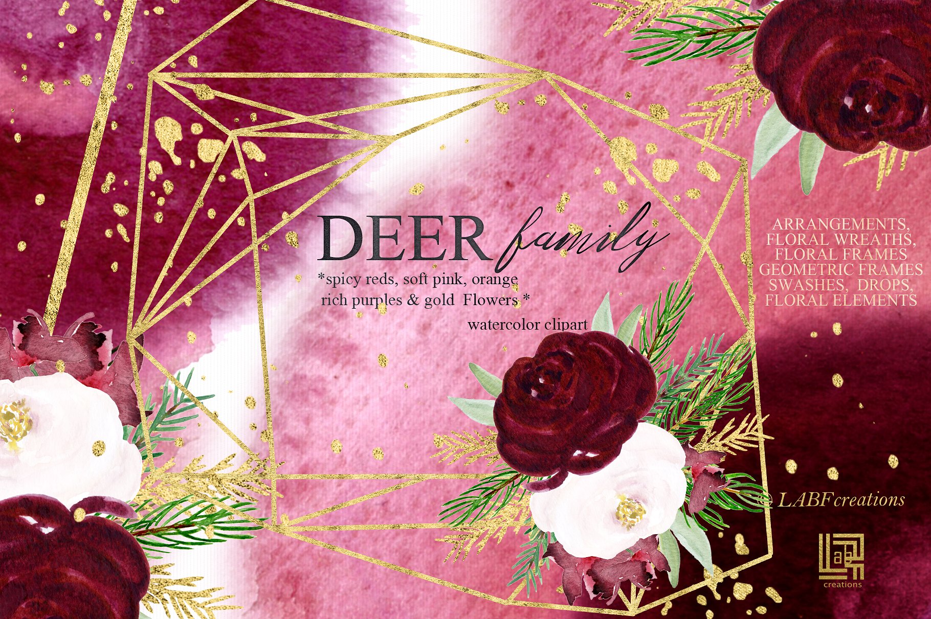 鹿家族/香辣红/橙金水彩手绘剪贴画 Deer family. Spicy red, orange gold插图(2)