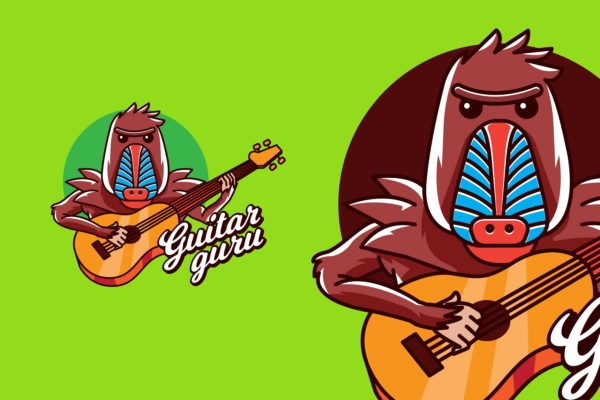 吉他大师卡通形象音乐培训品牌Logo设计素材库精选模板 GUITAR GURU – Mascot &amp; Esport Logo