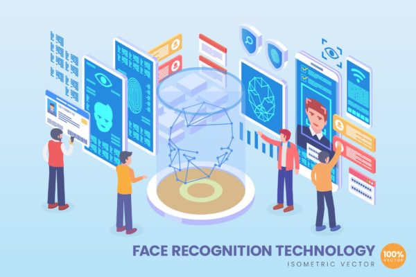 人脸识别技术等距矢量科技素材库精选概念插画v1 Isometric Face Recognition Technology Vector