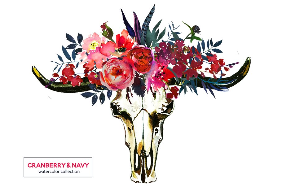 红色海军蓝波希米亚水彩花卉剪贴画 Red Navy Boho Watercolor Flowers插图(11)