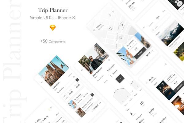 素材库下午茶：极简主义旅行计划APP UI KIT套装模板下载 [Sketch,iPhone X]