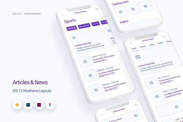 iOS13设计规范之新闻资讯UI界面设计线框图 News &amp; Articles – iOS 13 Wireframe Kit