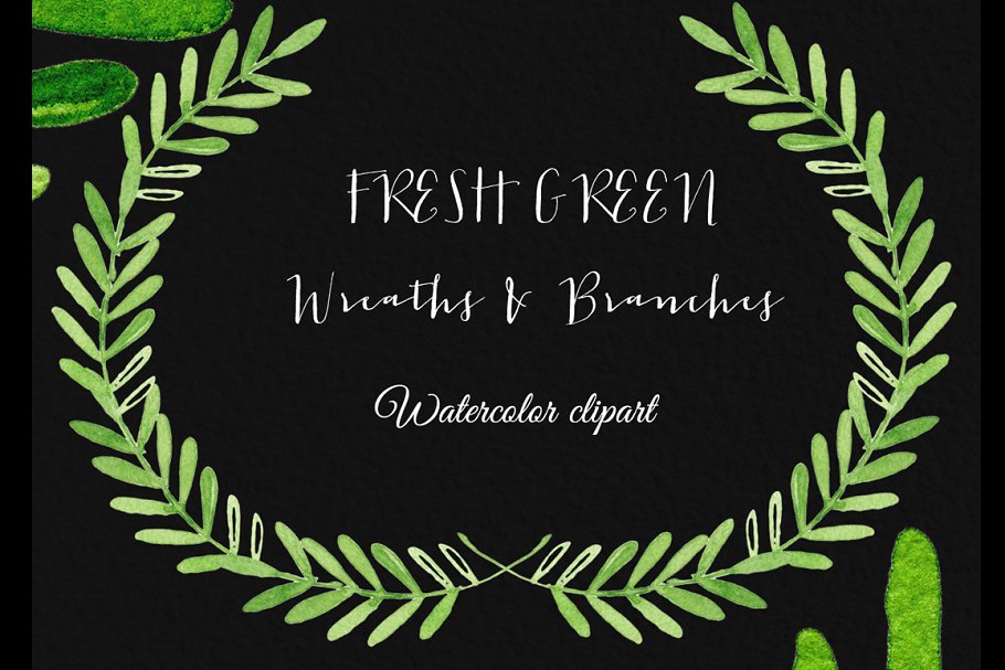新鲜淡绿色手绘树枝花环剪贴画合集 Fresh green branches & wreath插图(1)