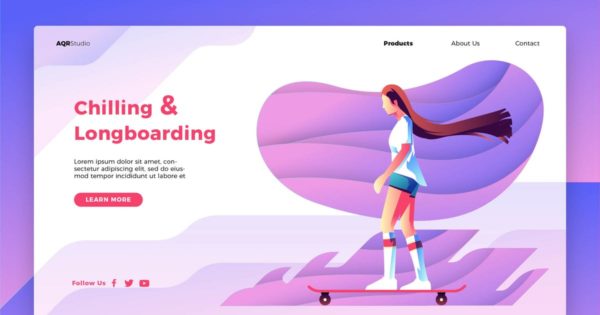 滑板运动概念插画网站Banner＆着陆页设计模板 Longboarding – Banner &amp; Landing Page