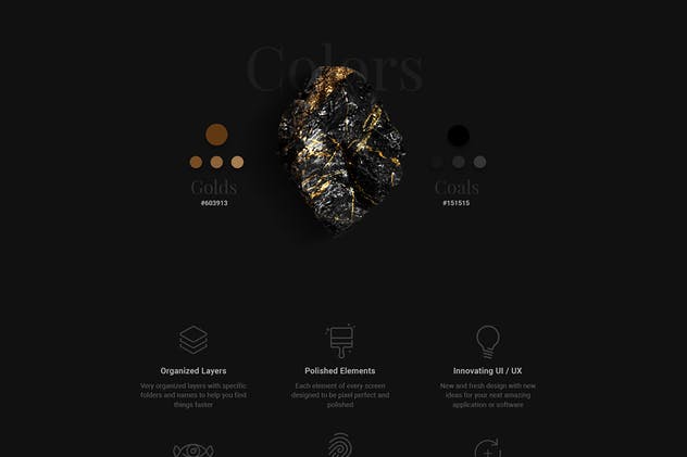“黑与金的绝配”-多用途 APP UI 套件 Gold &  Coal – UI Kit for Mobile插图(2)