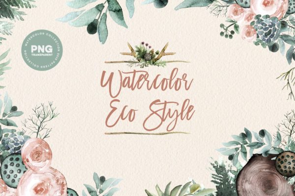 生态水彩剪切画（72个植物水果剪贴画+PSD分层素材+纹理） Watercolor Eco Style Set