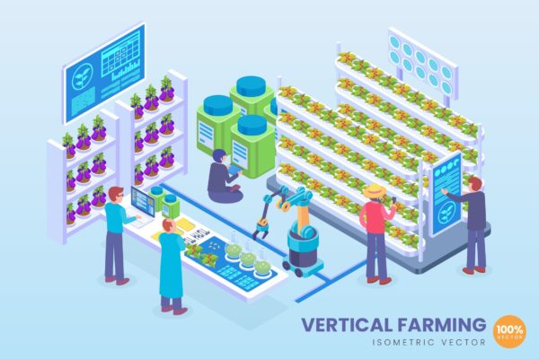 垂直耕作技术主题等距矢量素材库精选科技概念插画 Isometric Vertical Farming Technology Vector