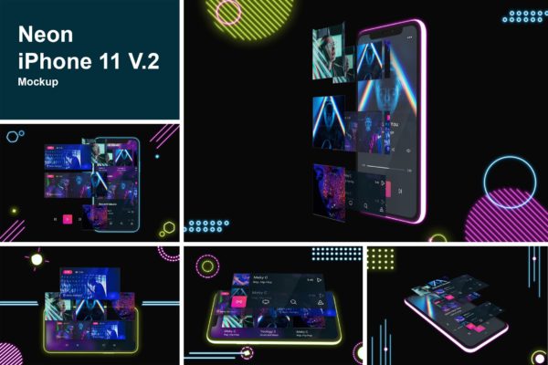 霓虹灯背景iPhone 11手机屏幕预览素材库精选样机模板v2 Neon iPhone 11 Mockup V.2