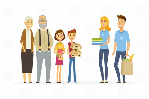 志愿者服务概念插画矢量素材 Volunteers help children &amp; seniors – illustration