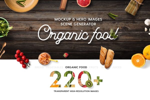 有机食品样机及巨无霸Hero场景模板 Organic Food Mockup &amp; Hero Images Scene Generator