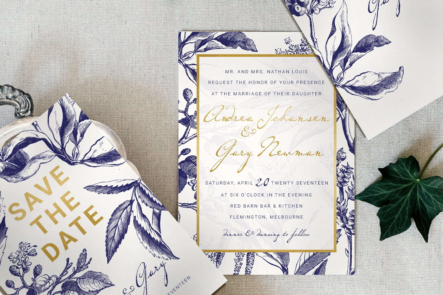 金色&海军蓝手绘图案插画婚礼邀请函设计模板 Gold & Navy Wedding Invitation Suite插图