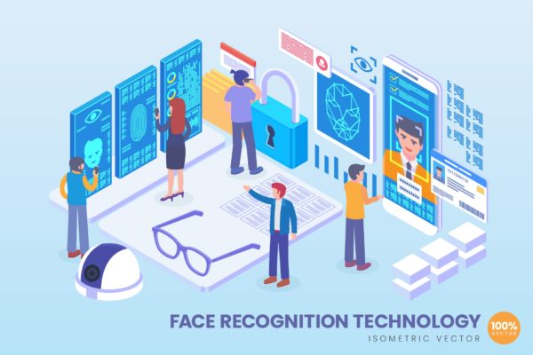 人脸识别技术等距矢量科技素材库精选概念插画v2 Isometric Face Recognition Technology Vector