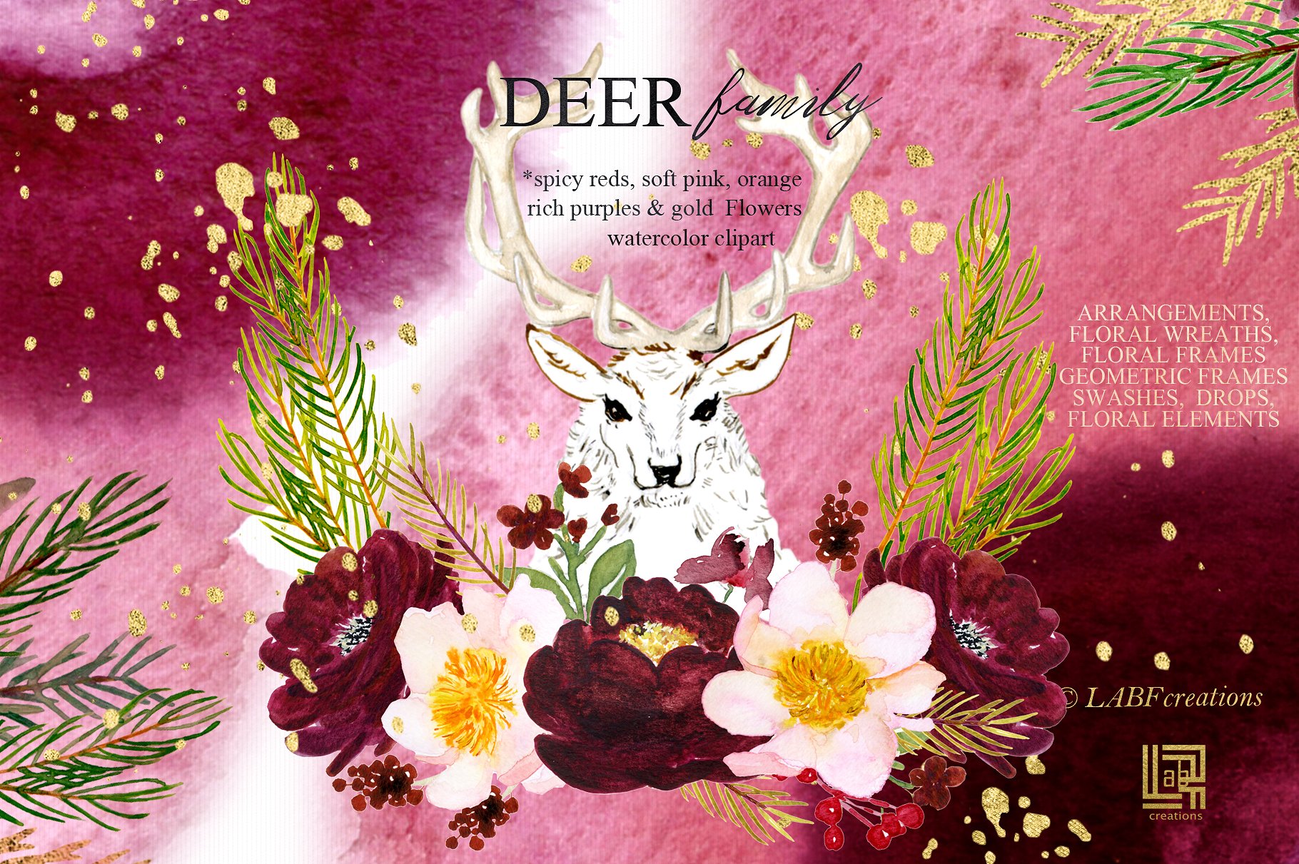 鹿家族/香辣红/橙金水彩手绘剪贴画 Deer family. Spicy red, orange gold插图(11)