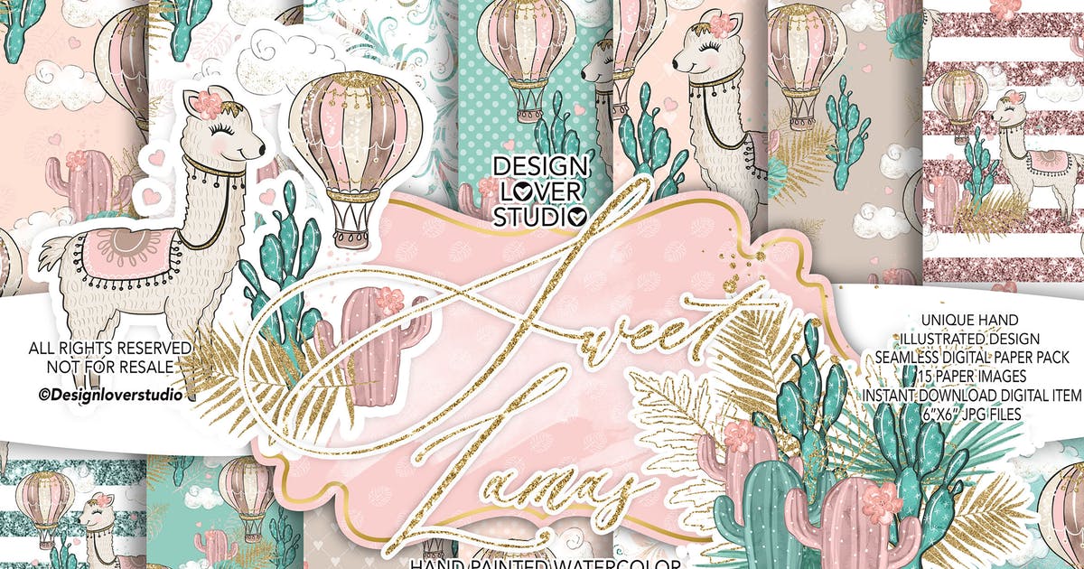 可爱羊驼动物水彩无缝背景图案设计素材 Sweet Lamas digital paper pack插图