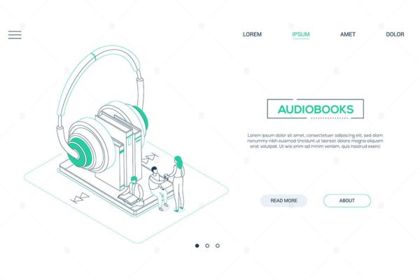 有声读物主题网站Banner设计线性矢量插画素材 Audiobooks – line design isometric web banner