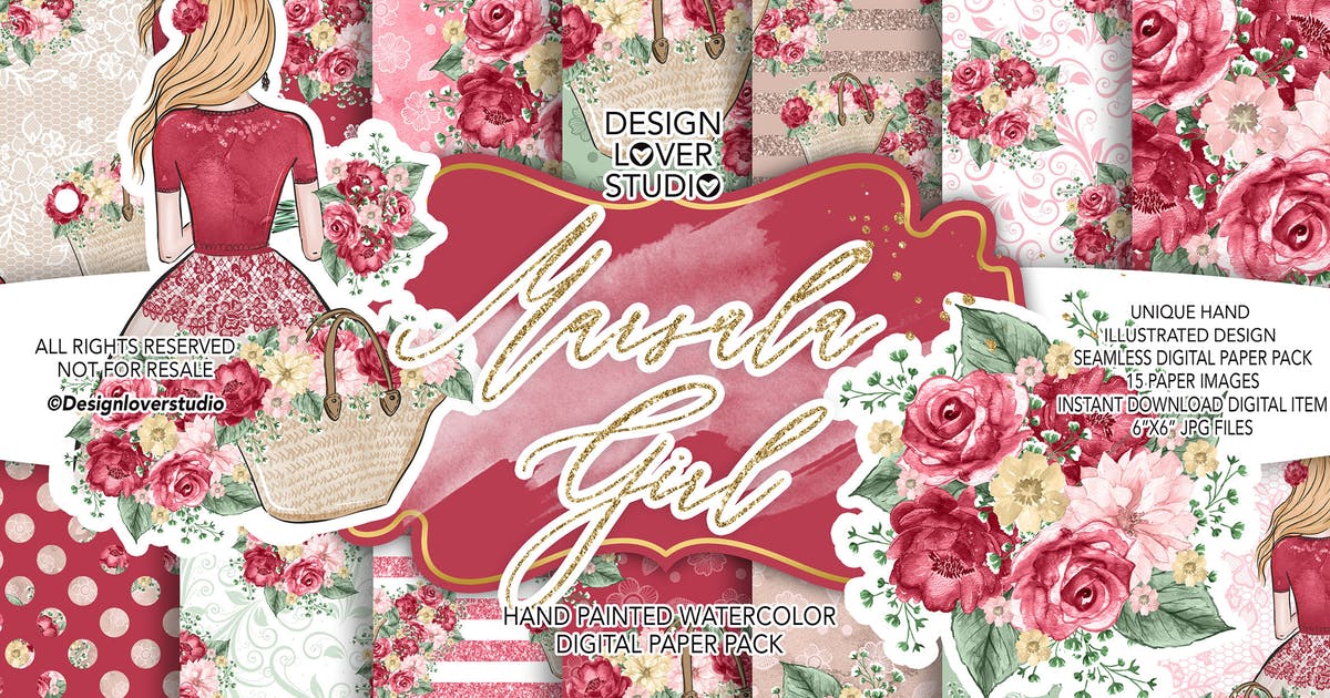 漂亮女孩水彩花卉图案纹样婚礼设计素材 Marsala Girl digital paper pack插图