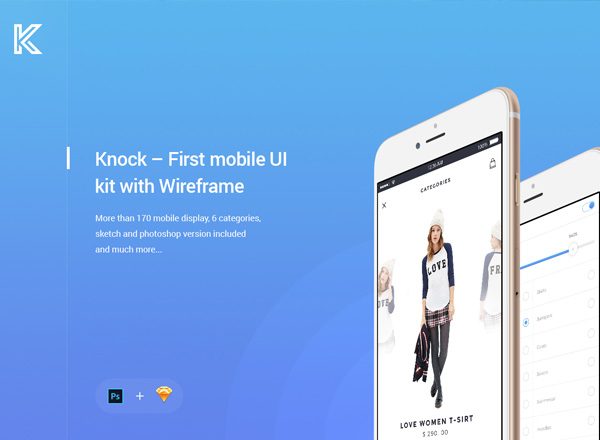 170 APP 界面模板 Knock Mobile UI Kit with Wireframe [PSD&SKETCH]