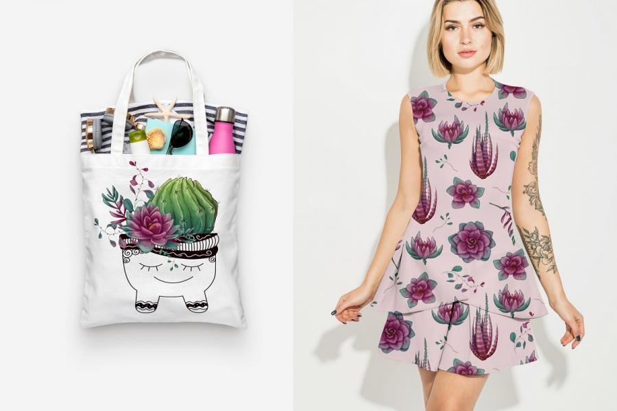 紫色的仙人掌和肉质植物矢量剪贴画插图(8)