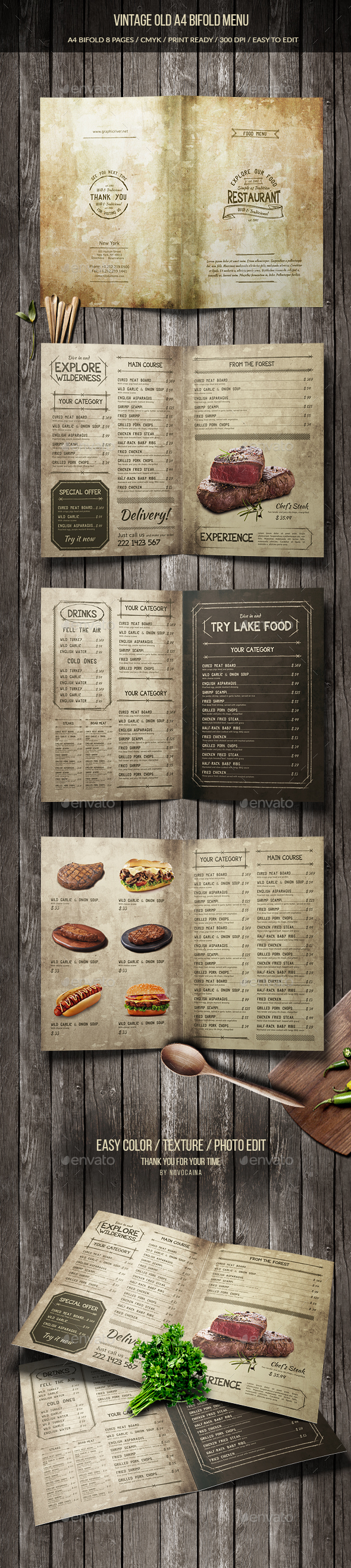 老式食物菜单8页画册模板下载 Vintage Old A4 Bifold Menu (8 pages) [psd]插图