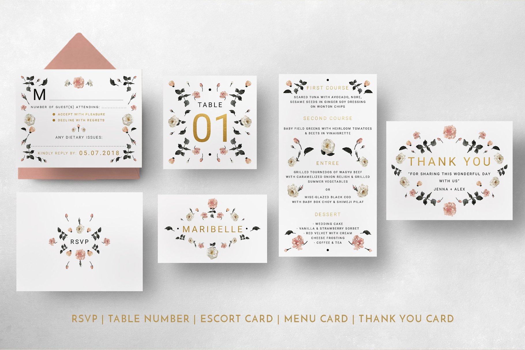 玫瑰金花卉婚礼邀请函设计套装 Rose Gold Wedding Invitation Suite插图(8)