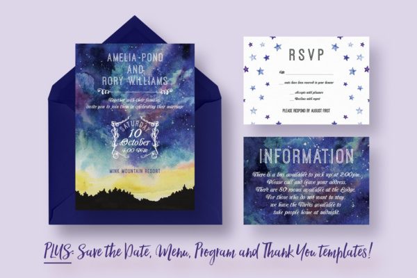 星空主题婚礼邀请函设计模板 Starry Sky Wedding Suite