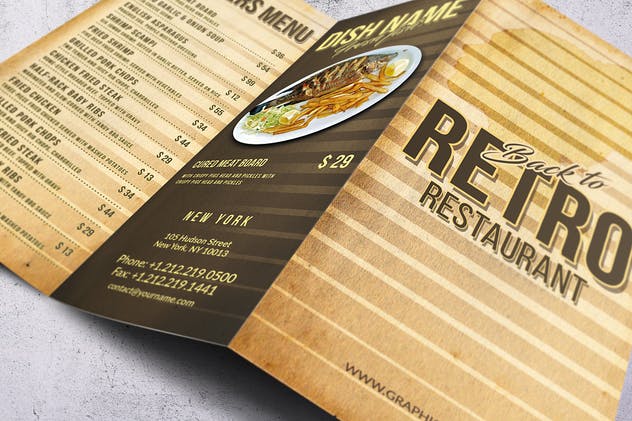 80年代复古三折页西餐厅菜单模板 80’s Retro Trifold A4 & US Letter Menu插图(4)