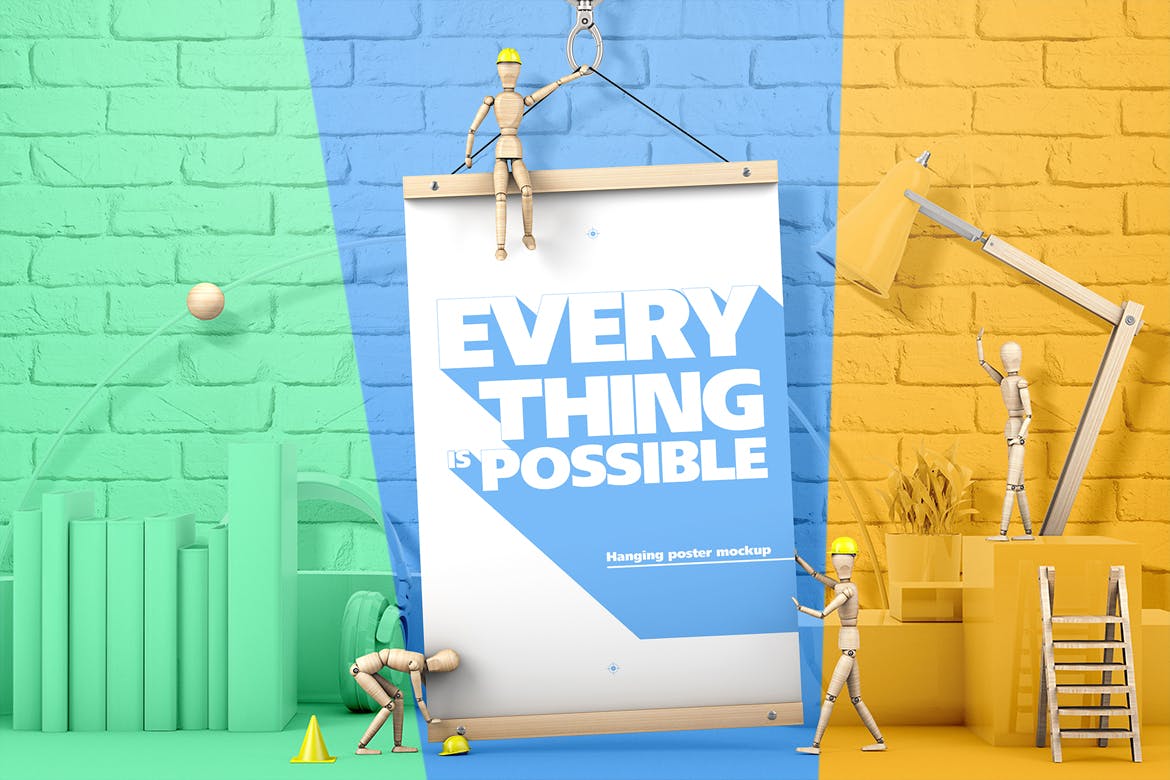 木偶悬挂海报场景海报效果图样机素材库精选模板 Hanging Poster With Wooden Men Mockup插图(1)