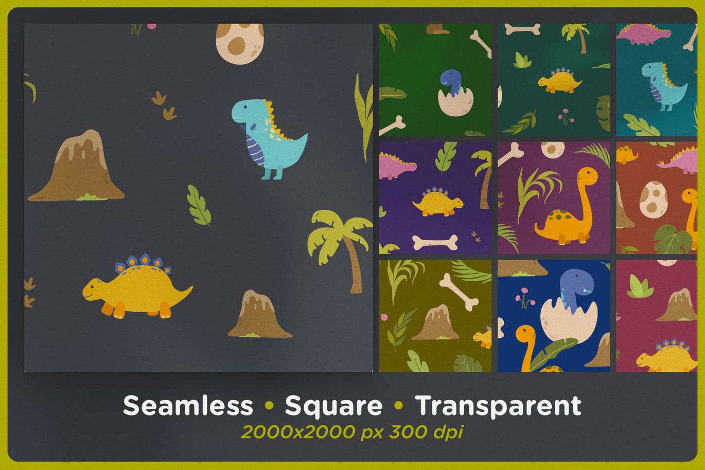 可爱恐龙手绘无缝图案背景素材库精选 Cute Dinosaurs Seamless Patterns插图(1)