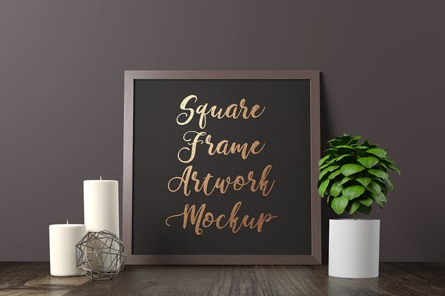 优雅黑色木纹画框样机 Frame Artwork Mockup – Dark Interior Set插图(3)